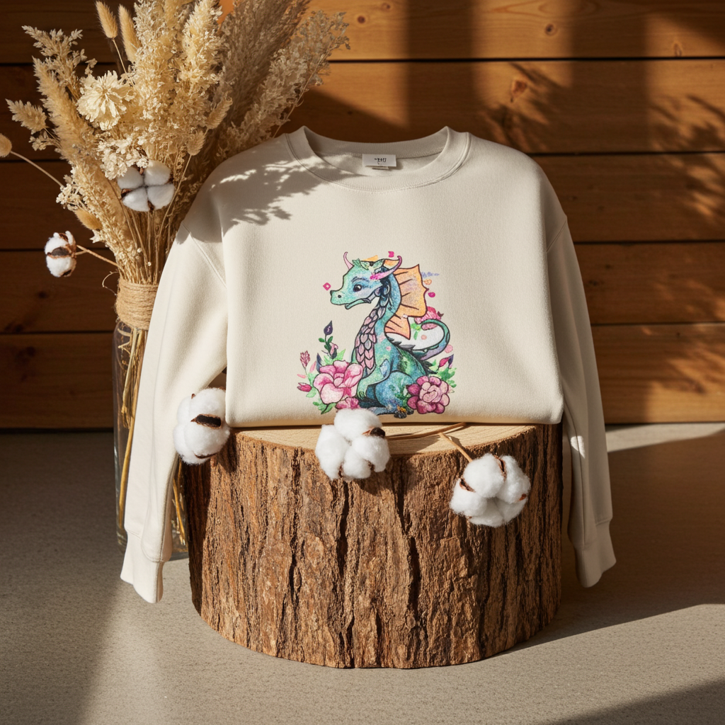 Mint green sweatshirt displayed on a wooden stump in warm sunlight, featuring a floral dragon embroidery design with pink flowers, styled with dried botanicals and cotton stems against a wooden wall background