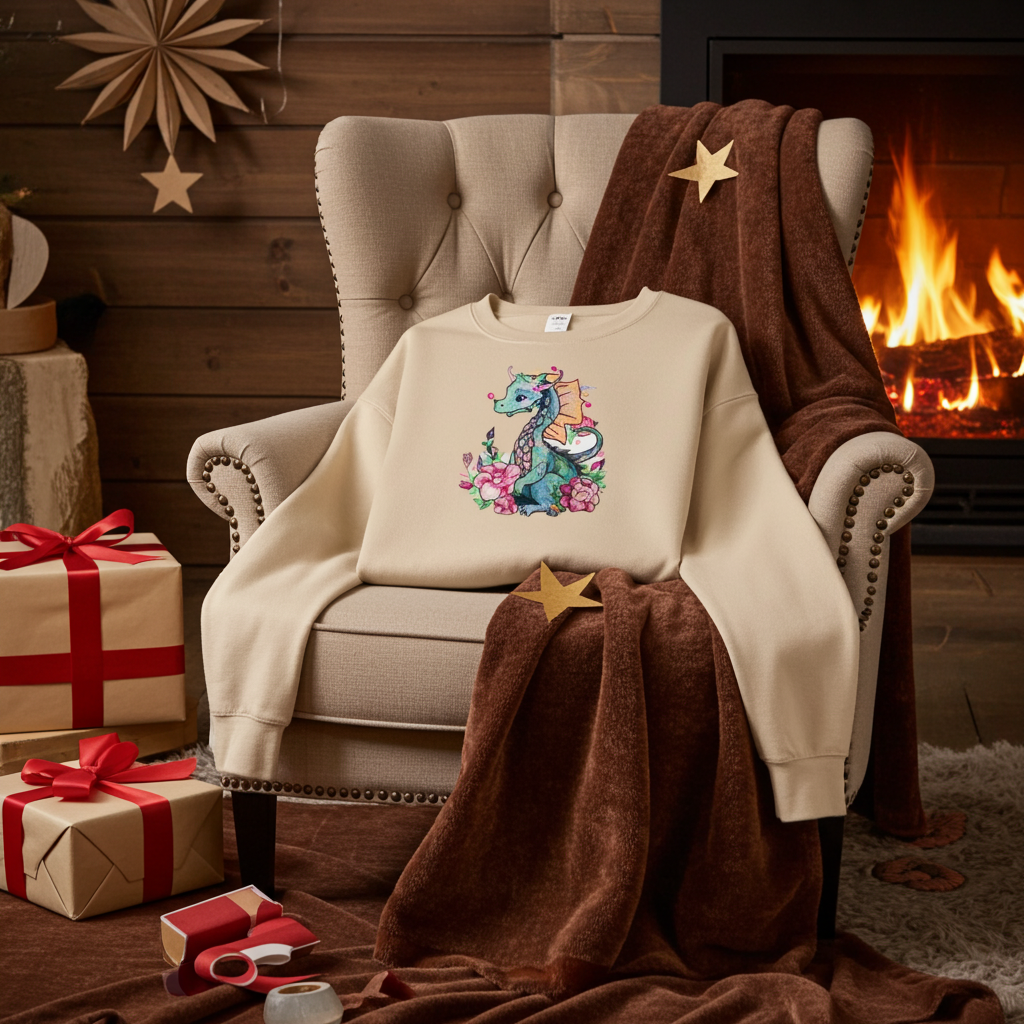 Soft beige sweatshirt draped on a cozy armchair by a fireplace, featuring a floral dragon embroidery design on the chest, styled with wrapped gifts and warm holiday decor