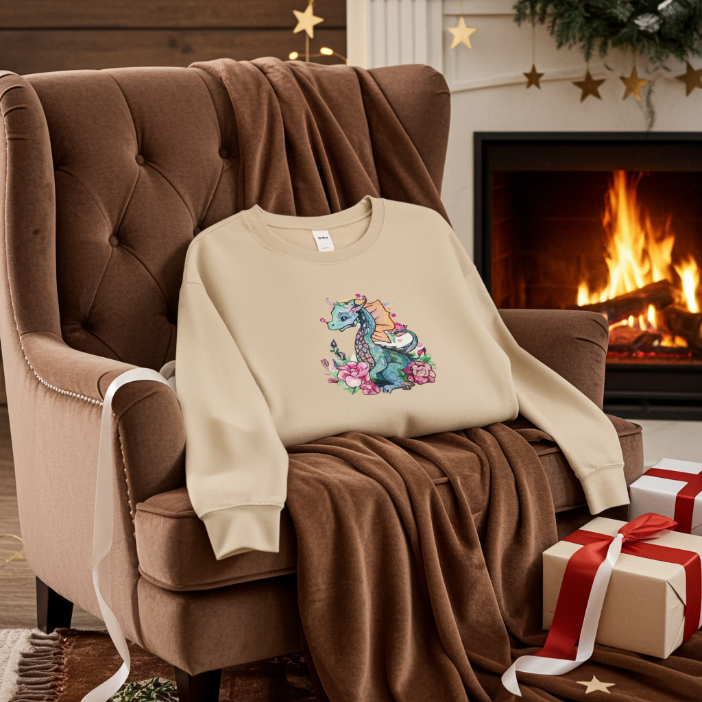 Soft beige sweatshirt draped on a cozy armchair by a fireplace, featuring a floral dragon embroidery design on the chest, styled with wrapped gifts and warm holiday decor