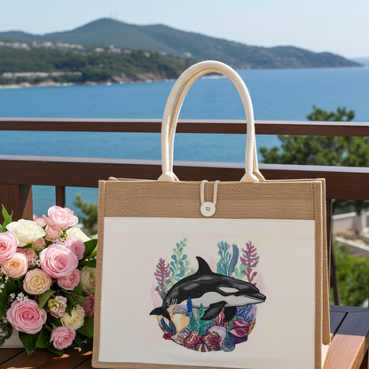 باليه تايد وفن: حقيبة جوت مطرزة بنقشة حوت قاتل وشعاب مرجانية - أناقة محيطية بخيوط مستدامة