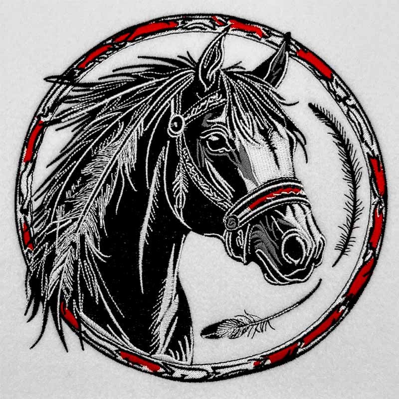 Artistic depiction of a horse's head with a decorative red and black border on a white background