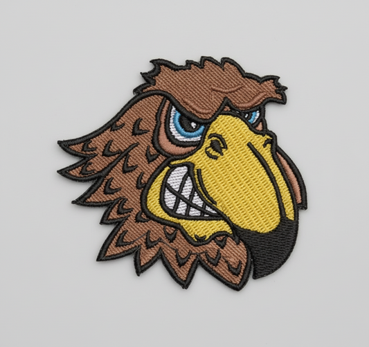 Embroidered patch of an eagle head on a grid background