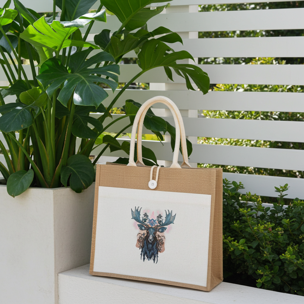 
Natural jute tote handbag featuring an enchanted blue moose with Nordic antlers embroidery design, displayed outdoors with lush green plants and a white fence in the background.