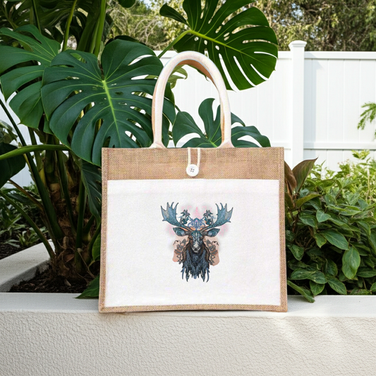 Natural jute tote handbag featuring an enchanted blue moose with Nordic antlers embroidery design, displayed outdoors with lush green plants and a white fence in the background.