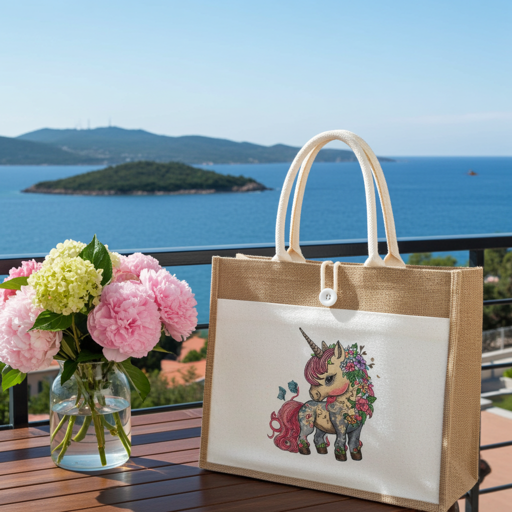 Natural jute tote handbag featuring an enchanted floral unicorn embroidery design, styled on a balcony table with a vase of pink flowers and an ocean view in the background.