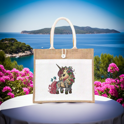 Natural jute tote handbag featuring an enchanted floral unicorn embroidery design, styled on a balcony table with a vase of pink flowers and an ocean view in the background.