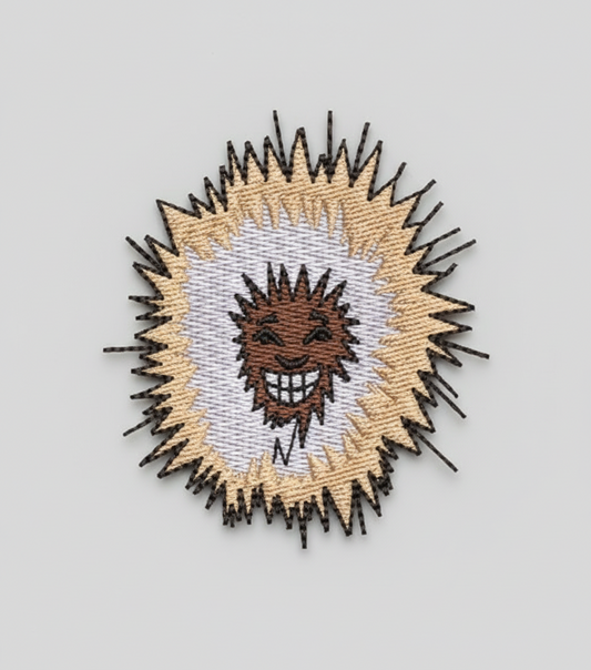 Embroidery design of a Eskimo smiling face surrounded by a circular pattern on a grid background