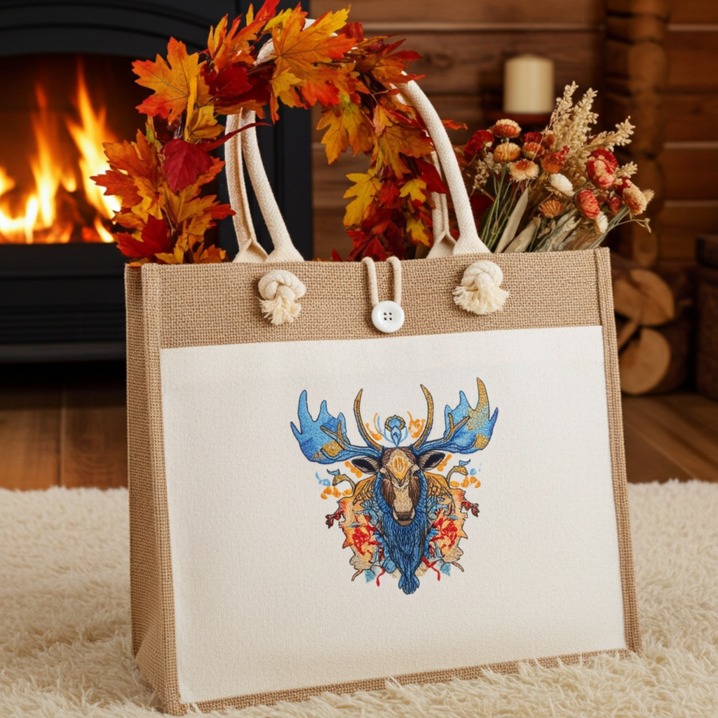 Natural jute tote handbag featuring a fire and ice moose embroidery design, styled indoors by a fireplace with an autumn leaf wreath and dried flowers.