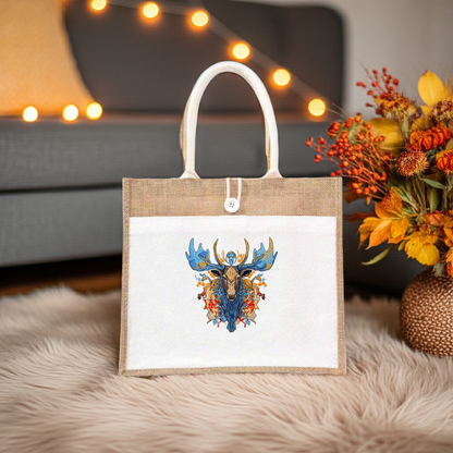 Fire & Ice Moose – Autumn Cabin Embroidery Design Jute Tote Handbag