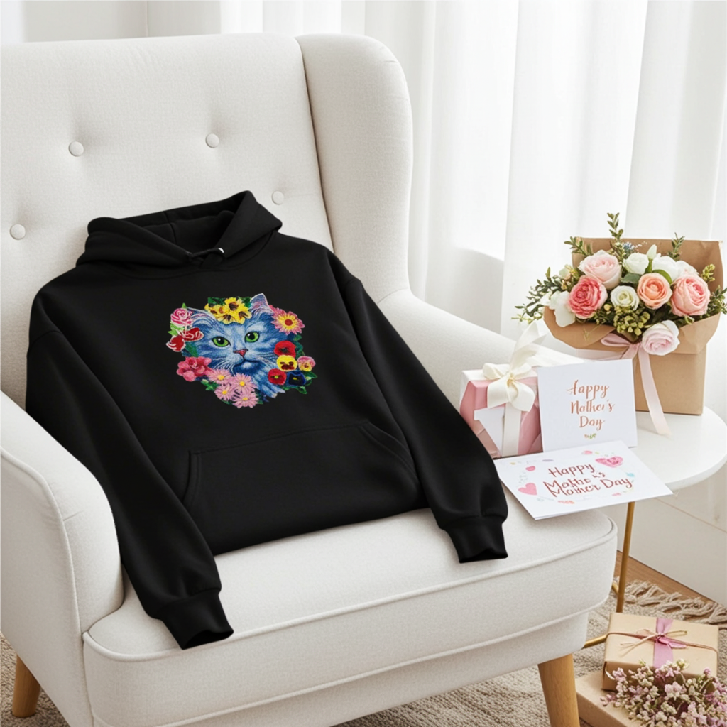 Black hoodie mockup featuring an embroidered blue cat face surrounded by colorful flowers on the chest, styled on an armchair with a gift box and a Mother’s Day card.