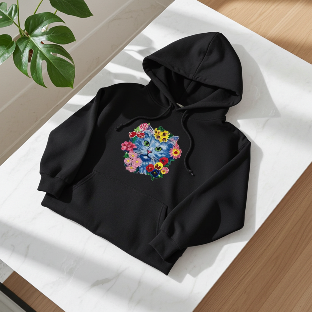 Black hoodie mockup featuring an embroidered blue cat face surrounded by colorful flowers on the chest, laid flat on a white surface in bright natural light with a green plant nearby.