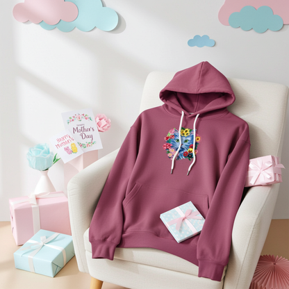 Burgundy hoodie mockup featuring an embroidered blue cat face surrounded by colorful flowers on the chest, styled on an armchair with gift boxes and a Mother’s Day card in a pastel room.