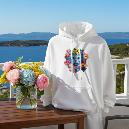 White hoodie mockup featuring an embroidered blue cat face surrounded by colorful flowers on the chest, styled on a balcony with an ocean view and a vase of flowers.