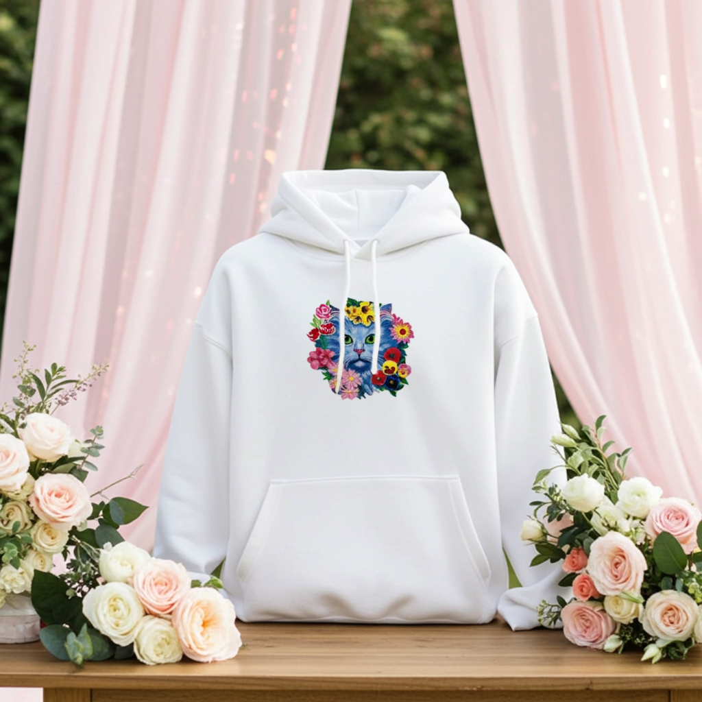 White hoodie mockup featuring an embroidered blue cat face surrounded by colorful flowers on the chest, styled outdoors with pink drapes and rose floral arrangements.