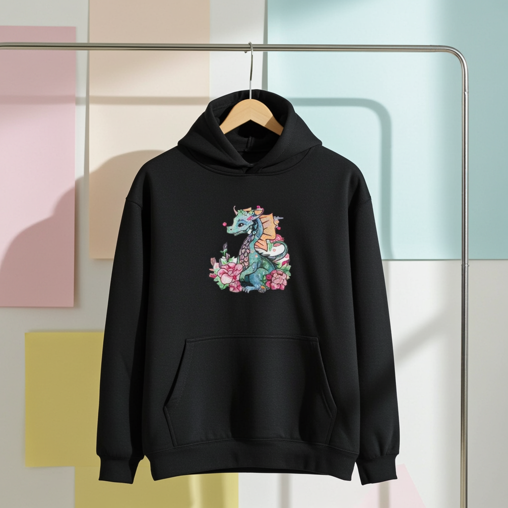 Black hoodie mockup featuring an embroidered teal dragon with orange wings and pink flowers on the chest, hanging on a clothing rack against a pastel studio backdrop.