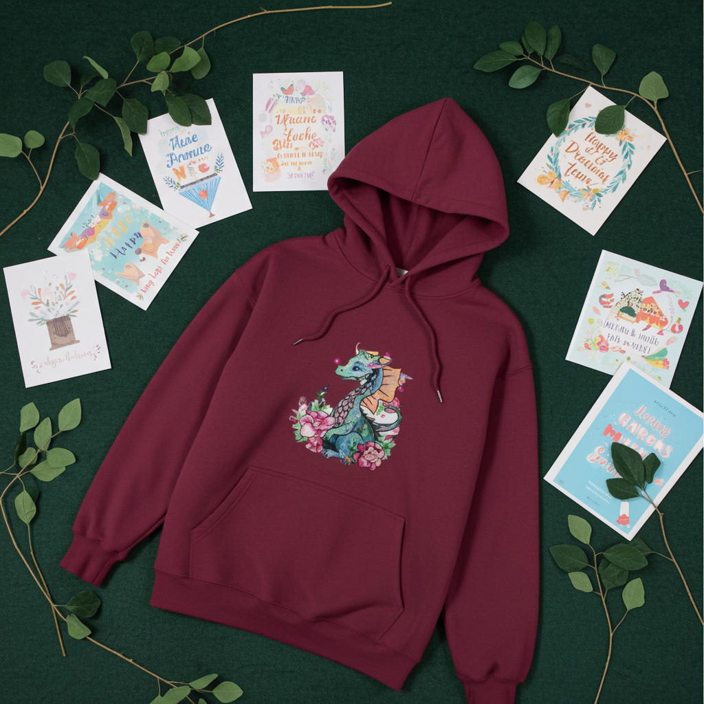 Burgundy hoodie mockup featuring an embroidered teal dragon with orange wings and pink flowers on the chest, styled flat lay on a dark green background with leafy branches and greeting cards.