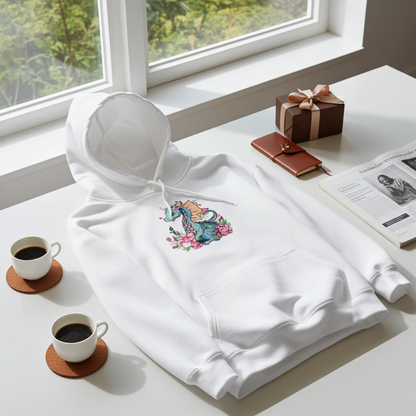 White hoodie mockup featuring an embroidered teal dragon with orange wings and pink flowers on the chest, laid on a desk by a window with coffee cups, a notebook, and a gift box.