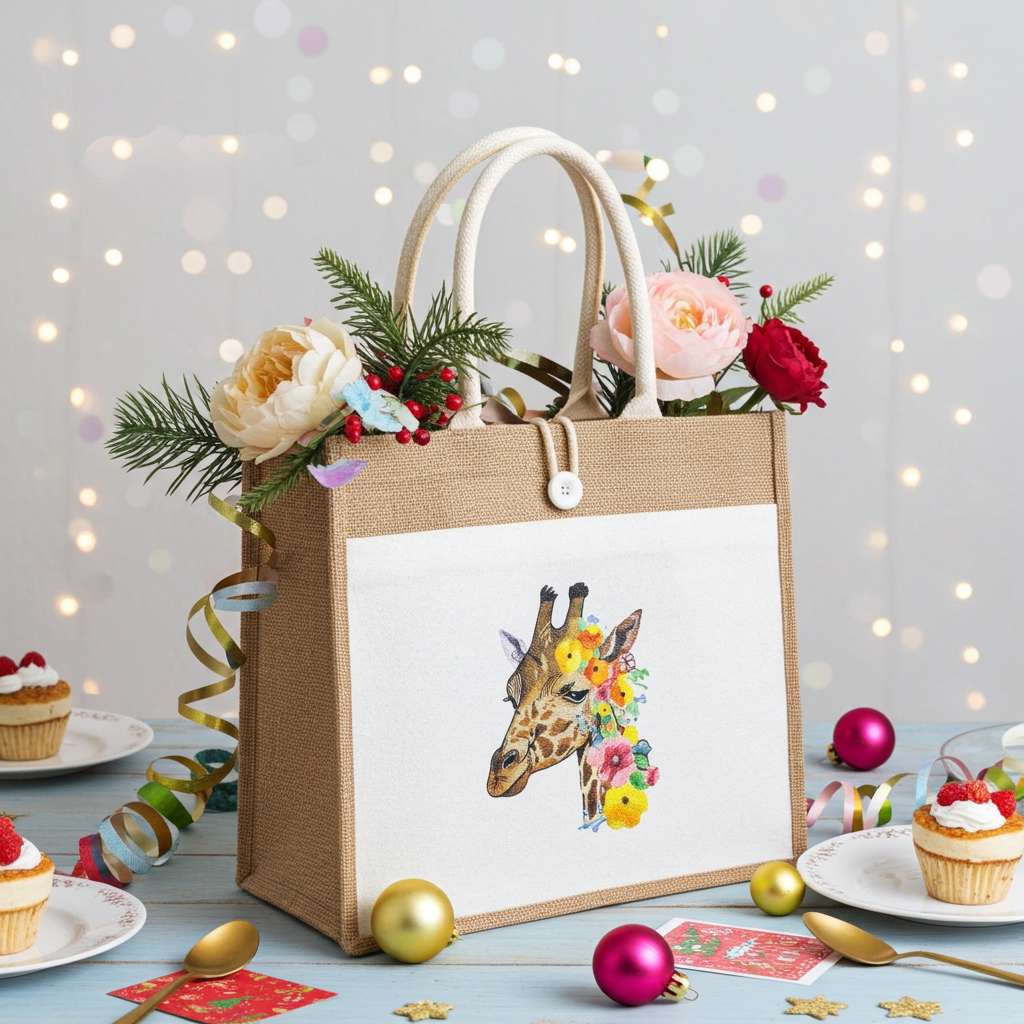 
Natural jute tote handbag featuring a floral giraffe embroidery design, styled on a festive table with flowers, ribbon, ornaments, and desserts against a bokeh light background.