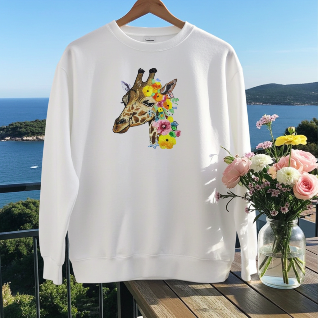 White sweatshirt hanging on a balcony with ocean view, featuring a giraffe head embroidery with colorful floral accents, styled with a vase of fresh flowers on a wooden table