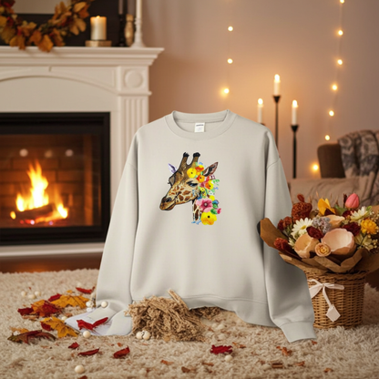 Mint green sweatshirt hanging on a wooden hanger in a cozy bedroom setting, featuring a giraffe head embroidery with colorful floral accents, styled with warm string lights, autumn wreath, and decorative berries
