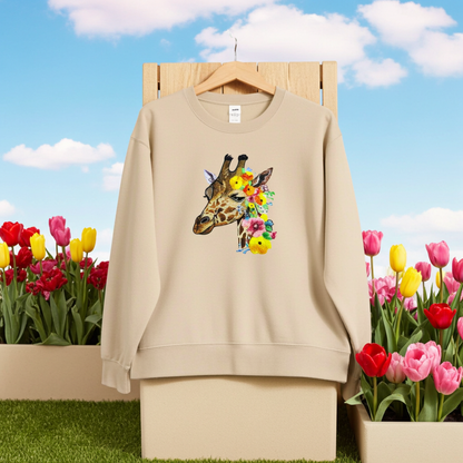 Soft beige sweatshirt hanging on a wooden hanger outdoors, featuring a giraffe head embroidery with colorful floral accents, styled with blooming tulips and a blue sky background
