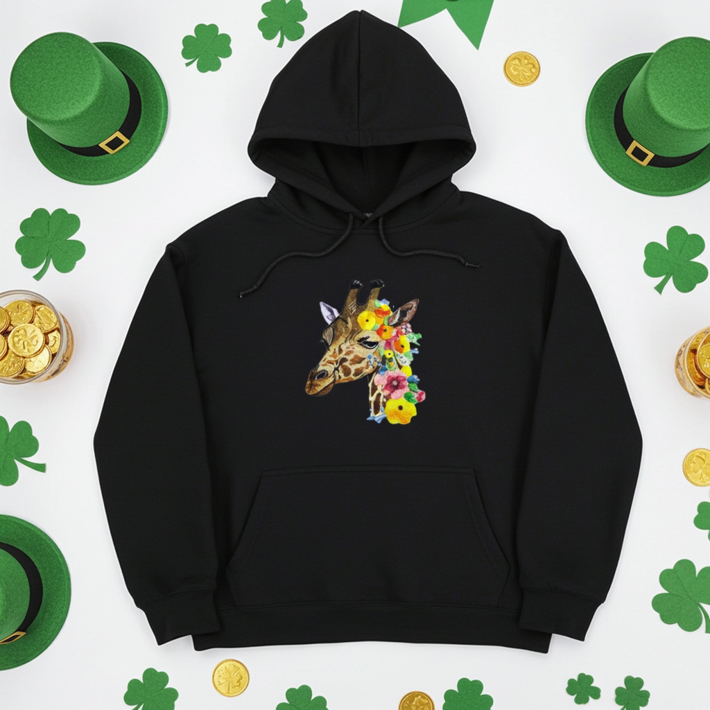 Black hoodie mockup featuring an embroidered giraffe head with colorful wildflowers on the chest, styled flat lay on a white background with green shamrocks, green leprechaun hats, and gold coins.