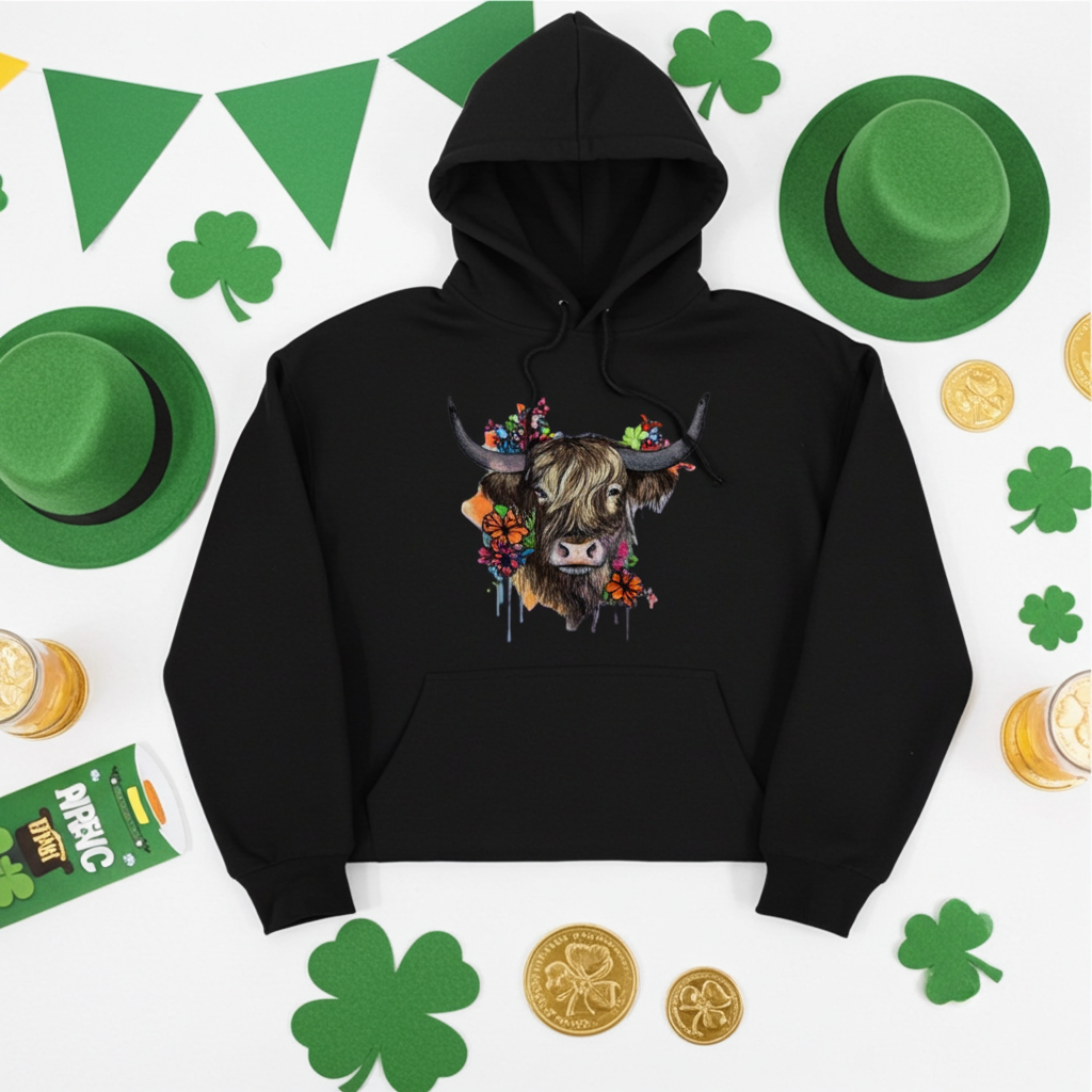 Black hoodie mockup featuring an embroidered highland cow with long horns and colorful wildflowers on the chest, styled flat lay on a white background with green shamrocks, green leprechaun hats, bunting flags, and gold coins.