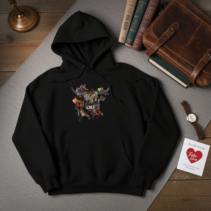 Black hoodie mockup featuring an embroidered highland cow with long horns and colorful wildflowers on the chest, styled flat lay on a gray fabric surface with vintage books, leather satchel, wristwatch, and a small card on a wooden floor.
