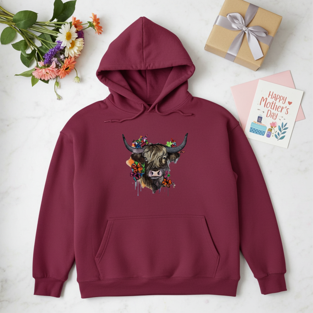 Burgundy hoodie mockup featuring an embroidered highland cow with long horns and colorful wildflowers on the chest, styled flat lay on a light marble background with a bouquet, gift box, and Mother’s Day card.