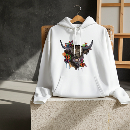 White hoodie mockup featuring an embroidered highland cow with long horns and colorful wildflowers on the chest, displayed on a hanger and styled on a chair in a minimalist studio setting.