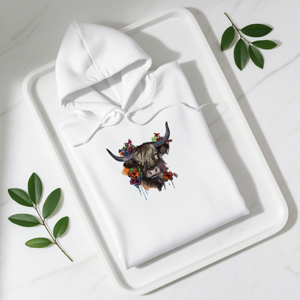 White hoodie mockup featuring an embroidered highland cow with long horns and colorful wildflowers on the chest, folded on a white tray over a light marble background with green leafy sprigs.