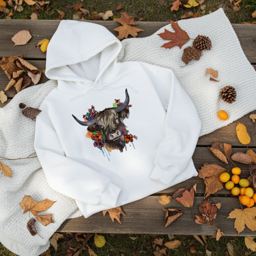 White hoodie mockup featuring an embroidered highland cow with long horns and colorful wildflowers on the chest, styled outdoors on a wooden bench with a cozy knit blanket, autumn leaves, pinecones, and small orange berries.