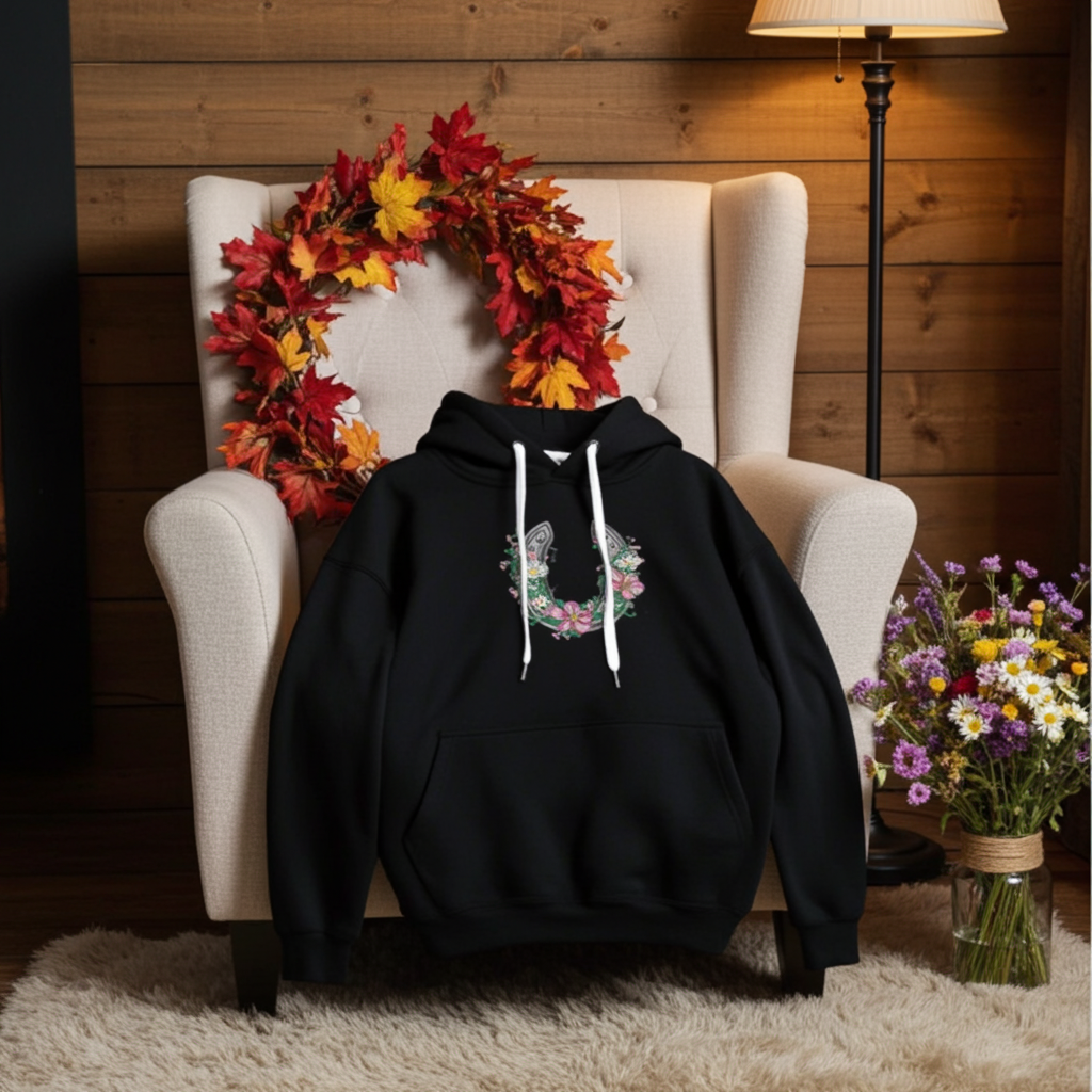 Black hoodie mockup with a floral embroidered horseshoe design on the chest, styled on an armchair with an autumn leaf wreath, warm lamp lighting, and a bouquet of flowers.