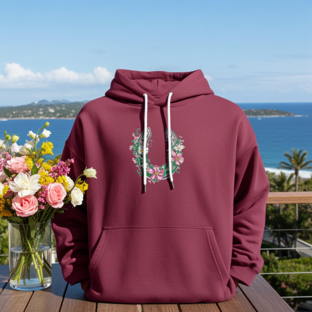 Burgundy hoodie mockup featuring a floral embroidered horseshoe design on the chest, photographed on a balcony with ocean view and a vase of colorful flowers.
