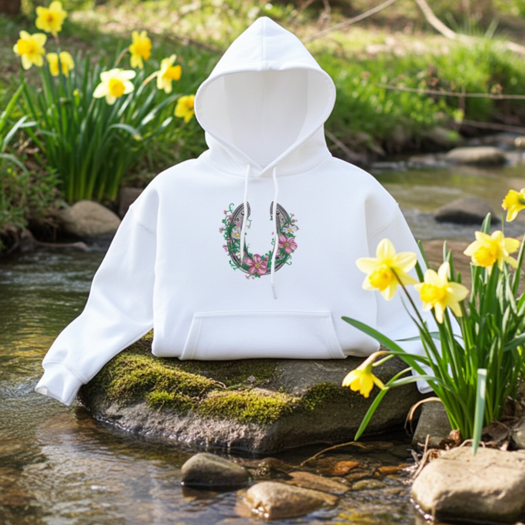 White hoodie mockup with a floral embroidered horseshoe design on the chest, styled outdoors on a mossy rock in a shallow stream with yellow flowers in the background.