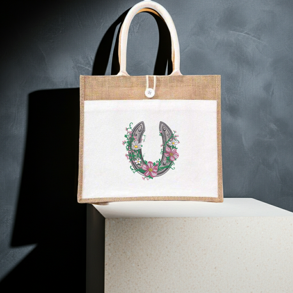 Jute tote bag with floral horseshoe embroidery design, displayed on pedestal against dark grey wall in minimalist studio setting.