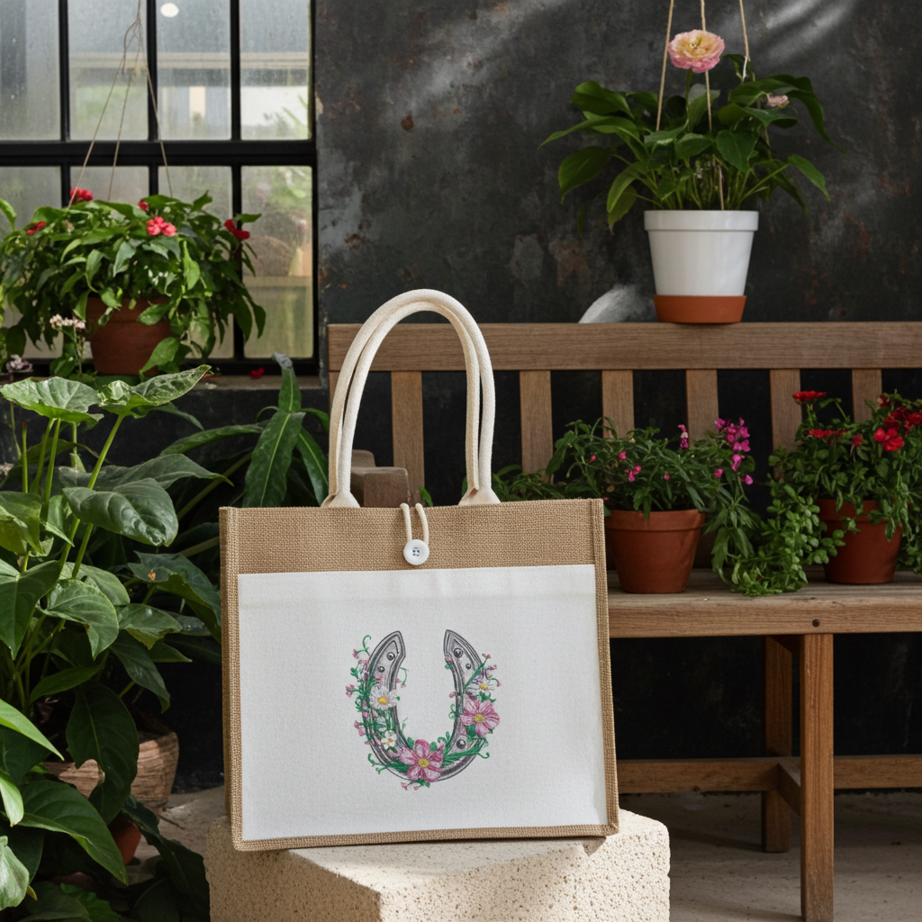 Jute tote bag with floral horseshoe embroidery design, standing on stone block in indoor garden setting with potted plants and window.
