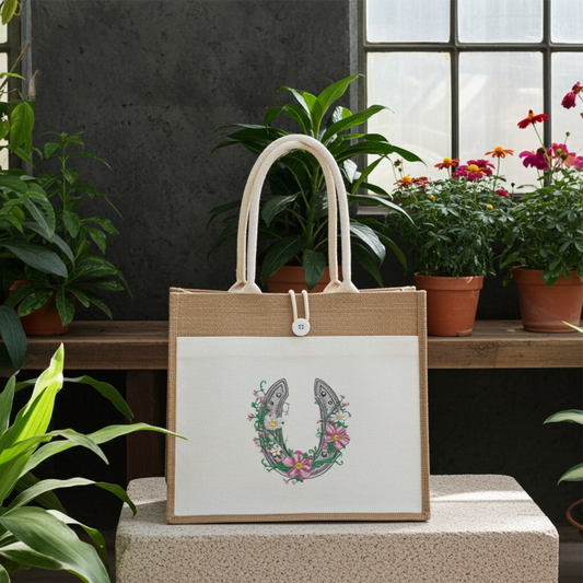 Jute tote bag with floral horseshoe embroidery design, standing on stone block in indoor garden setting with potted plants and window.