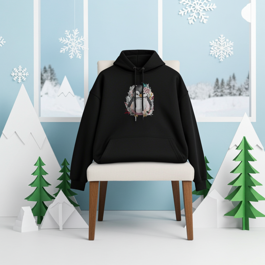 Black hoodie mockup featuring an embroidered cute penguin with floral accents on the chest, displayed on a chair in a winter-themed scene with snowy window view, paper mountains, pine trees, and snowflake decorations.