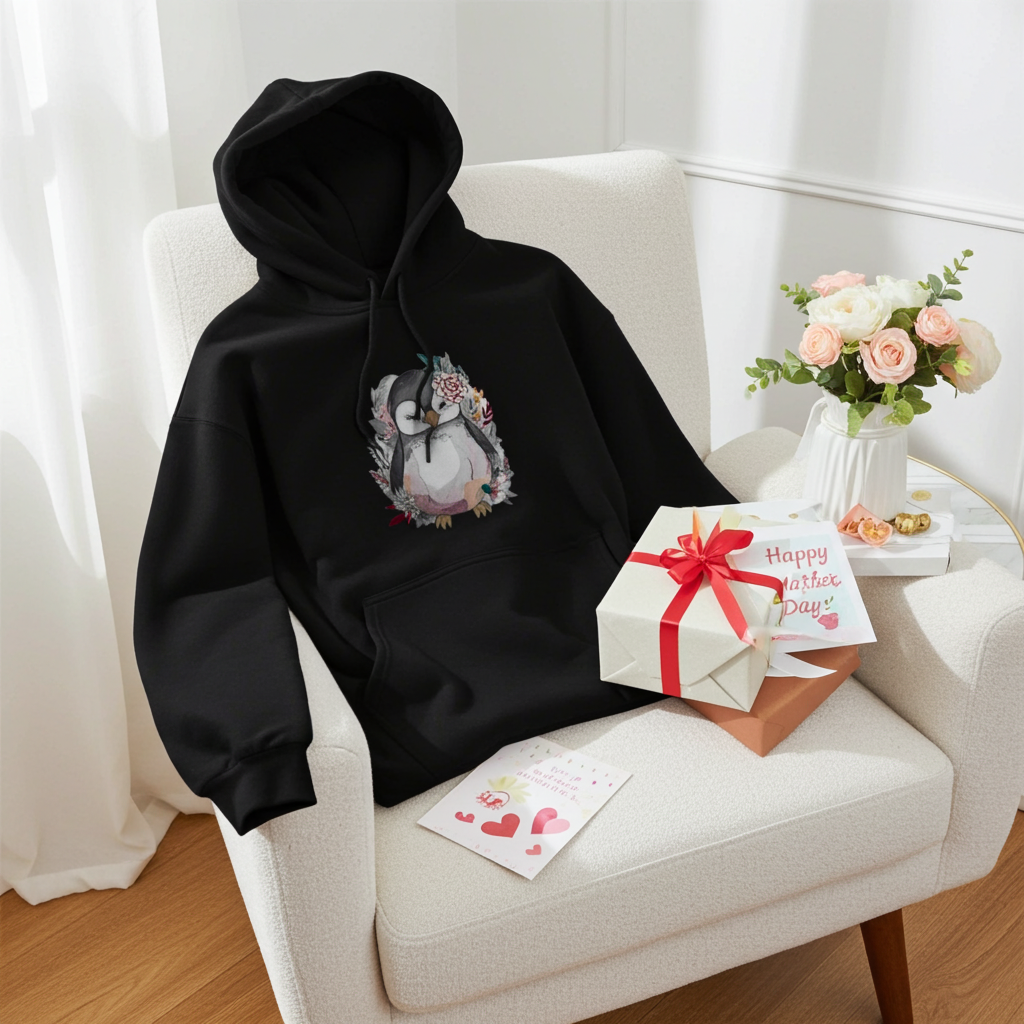 Black hoodie mockup featuring an embroidered cute penguin with floral accents on the chest, styled on a light armchair with a gift box, Mother’s Day card, and a vase of pink and white roses.