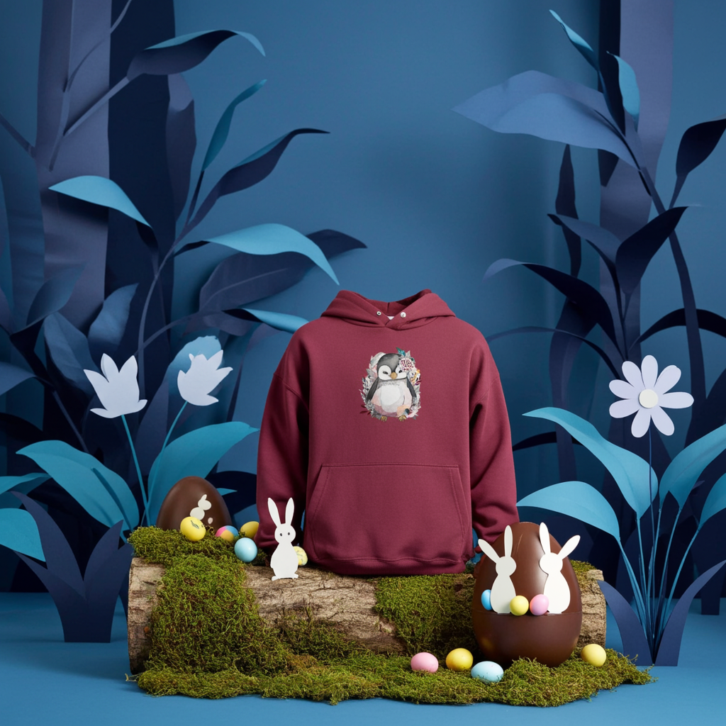 Burgundy hoodie mockup featuring an embroidered cute penguin with floral accents on the chest, displayed in a whimsical blue forest scene with moss, Easter eggs, and chocolate bunny decorations.