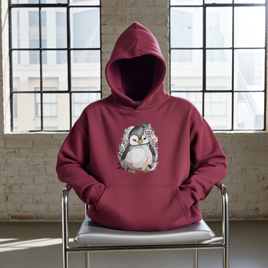 Burgundy hoodie mockup featuring an embroidered cute penguin with floral accents on the chest, displayed on a chair in an industrial room with large grid windows and brick walls.