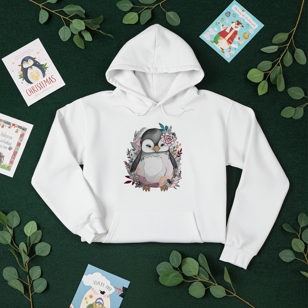 White hoodie mockup featuring an embroidered cute penguin with floral accents on the chest, styled flat lay on a dark green background with eucalyptus branches and holiday greeting cards.