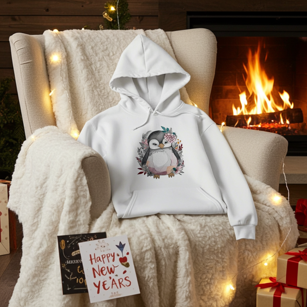 White hoodie mockup featuring an embroidered cute penguin with floral accents on the chest, styled on a cozy armchair with string lights by a lit fireplace with holiday gift boxes and a “Happy New Year” card.