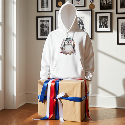 White hoodie mockup featuring an embroidered cute penguin with floral accents on the chest, displayed indoors on a large wrapped gift box with red, white, and blue ribbons in a bright room with framed wall art.