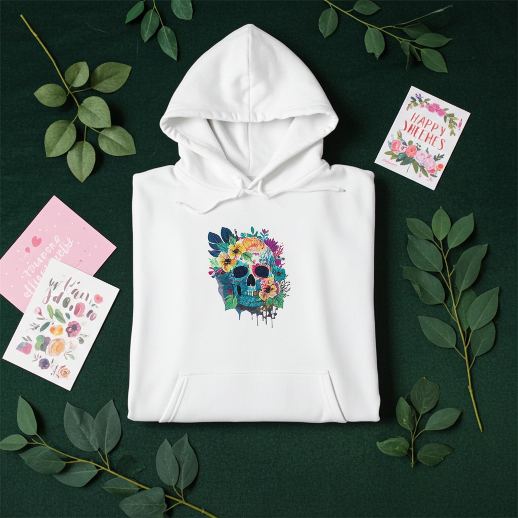 White hoodie mockup featuring an embroidered colorful floral skull on the chest, styled flat lay on a dark green background with leafy branches and greeting cards.