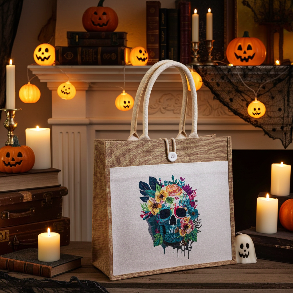 Natural jute tote handbag featuring a floral sugar skull embroidery design, styled with Halloween decor including jack-o’-lantern lights, candles, spooky books, and pumpkins.