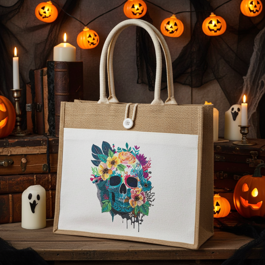 Natural jute tote handbag featuring a floral sugar skull embroidery design, styled with Halloween decor including jack-o’-lantern lights, candles, spooky books, and pumpkins.
