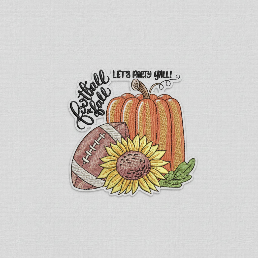 Embroidered design with pumpkins, football, and sunflower with text 'Let's Party Y'all!' on a white background.