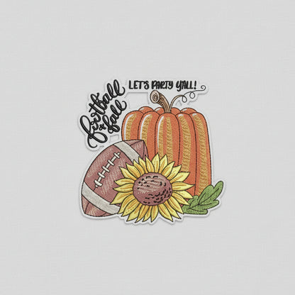 Embroidered design with pumpkins, football, and sunflower with text 'Let's Party Y'all!' on a white background.